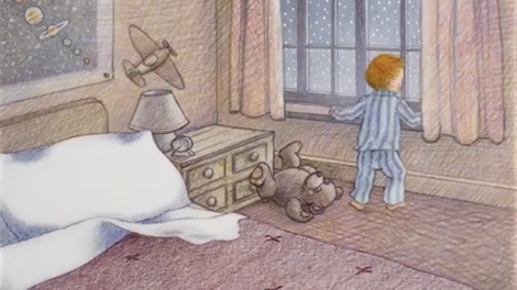 A shot from the animated short The Snowman. The snowman flies through the snowy sky holding the boy by the hand.